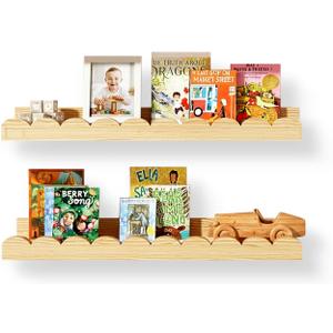 Nursery Floating Shelves for Kids Room, 2 Pack 23.6 Inch Natural Wood Wall Shelves with Scalloped Edge, Kids Bookshelves for Toddler Bedroom, Playroom, Baby Nursery Decor, 2pc-23.6in
