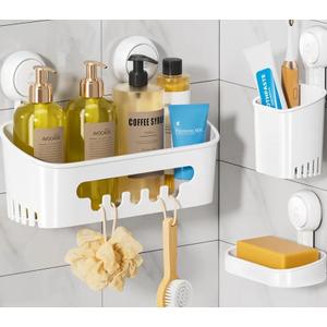 LEVERLOC Shower Caddy Suction Cup Set Shower Organizer & Soap Holder & Toothbrush Holder, Bathroom Shelf Basket NO-Drilling, Removable Suction Storage Waterproof Bathroom Caddy, WhiteShower Organizer, Soap Holder, Toothbrush Holder, Removable Suction