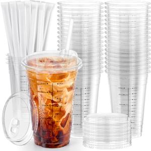 102 Pack - 20 oz Ratio Lines Iced Coffee Cups with Lids & Straws No Guessing for Consistent Drinks, Disposable Clear Plastic Cups with Lids and Straws for Coffee, Smoothies, Juice, Parties Food Safe (EXP 12/05/36)