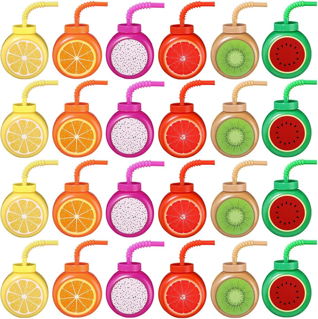 Mifoci 24 Set Summer Fruit Cups with Straws Lids 10oz Plastic Frutti Party Cups Tropical Kiwi Lemon Orange Grapefruit Watermelon Pitaya Pattern for Boys Girls Birthday Luau Party Favor Supplies