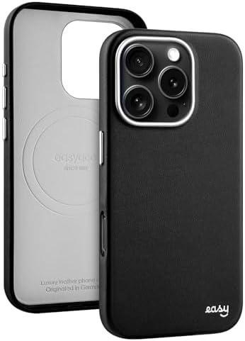 EasyAcc for iPhone 16 Pro Max Leather Case, [Compatible with Magsafe], Luxurious Vegan Leather Magnetic Phone Case, Protective Slim Case with Metal Buttons & Camera Bezel, Anti-Scratch Phone Cover, Black Silver