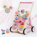Wooden Baby Push Walker for Girls Toddler Kids 1-3 with Activity Center, Pink Butterfly Montessori Learning Push Walker with Wheels, Christmas Gift Develops Motor Skills & Stimulates Creativity