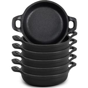 Mini Cast Iron Skillets 5 x 5 x 1.3 Inch Cast Iron Pan Small Ramekin Set Black Casserole Dish Cookware Oven Safe Mini Skillets for Kitchen Indoor Outdoor Picnic (6 Pack)