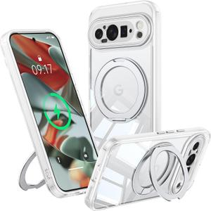 360 Spin Magnetic Stand Case for Google Pixel 9 Pro Fit for MagSafe & Pixelsnap Cover with Ring Holder No-Yellow Crystal Clear Camera Protection Phone Google Pixel 9 Pro Case - Clear