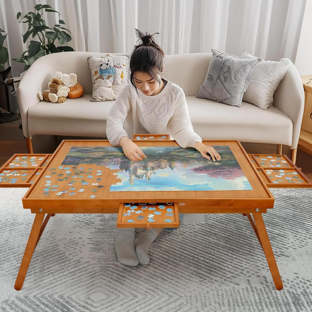 Puzzle Table 1500 Pieces Wooden Puzzle Board with Legs, 34.3x 26.5 Jigsaw Board with 4 Drawers and Cover, Foldable Leg Jigsaw Table for Adults Red Brown
