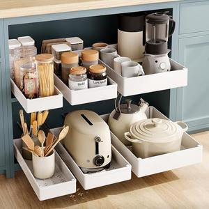 SOLEDI 3pack Pull Out Cabinet Organizer, Pull Out Drawers for Cabinets, Sliding Drawers for Cabinets Organizer, Slide Out Drawers for Kitchen Cabinets, Pantry, Bathroom Cabinet. Cream White
