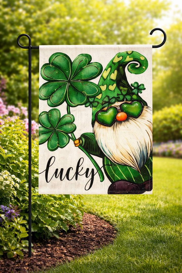 2 x St Patricks Day Lucky Gnome Garden Flag 12.5x18 Inch Double Sided Outside, Clover Shramrock Holiday Yard Outdoor Decoration