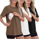 3 Pack Women's Oversized Nursing Tops for Breastfeeding with Hidden Zippers Loose Fit Short Sleeve Maternity Tops, L