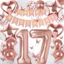 Rose Gold 17th Birthday Decorations for Girl, 17 Year Old Sign with Happy Birthday Banner, 40In Number 17 Foil Birthday Balloons, Butterfly Decorations, Heart and Star Balloons
