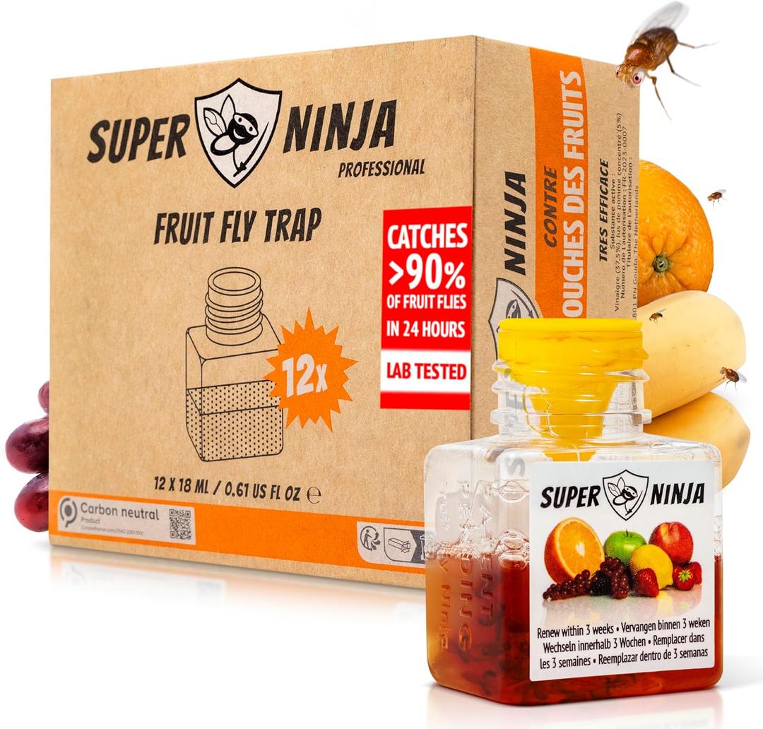Super Ninja Fruit Fly Traps for Indoors - 12 Pack, Highly Effective Fruit Fly Catcher for Indoor Use for Home & Kitchen, Up to 3 Weeks of Performance per Bottle, Kid & Pet Friendly