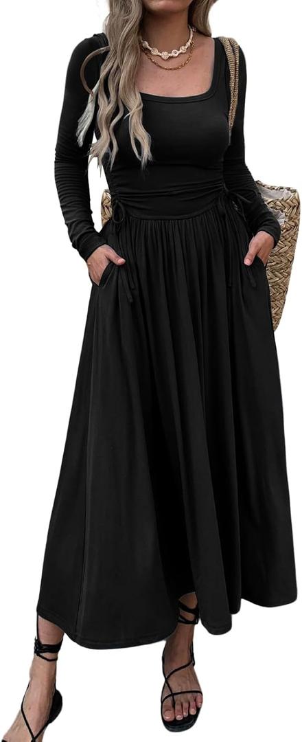 Mieazom Womens Long Sleeve Square Neck Maxi Dress Adjustable Waist Tie Casual Flowy A-Line Pleated Dresses with Pockets, Black, XL