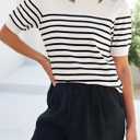 ZESICA Women's Casual Striped Tops Short Sleeve Crew Neck Ribbed Knit T Shirts Comfy Loose Basic Pullover Sweater (M)