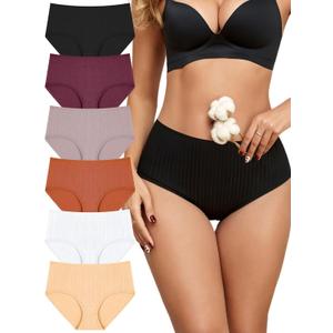 FINETOO Cotton Underwear for Women High Waisted Ribbed Full Coverage Briefs Soft Breathable Moisture Wicking Panties 6 Pack (XL)