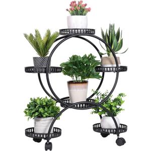 unho Metal Plant Stand 6-Potted: Flower Pot Holder with Wheels 4 Tier Display Shelf Rack for Patio Balcony Yard Garden Home Decor, Black