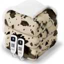 blunique Cow Print Electric Heated Blanket Queen-Dual Control Heating Blanket Queen Size with 10 Heat Levels & 10 Hours Auto-Off, Cozy Soft Fleece Sherpa, Washable, 84x90 Inche Cow Print Light Brown (Brown Ombre-Beige)