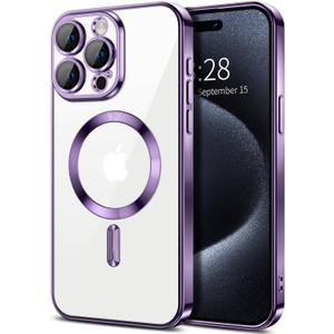 Hython Magnetic Clear for iPhone 15 Pro Case with Camera Lens Protector [Compatible with MagSafe] Luxury Plating Edge Slim Soft TPU Cover Protective Phone Case for iPhone 15 Pro 6.1", Deep Purple