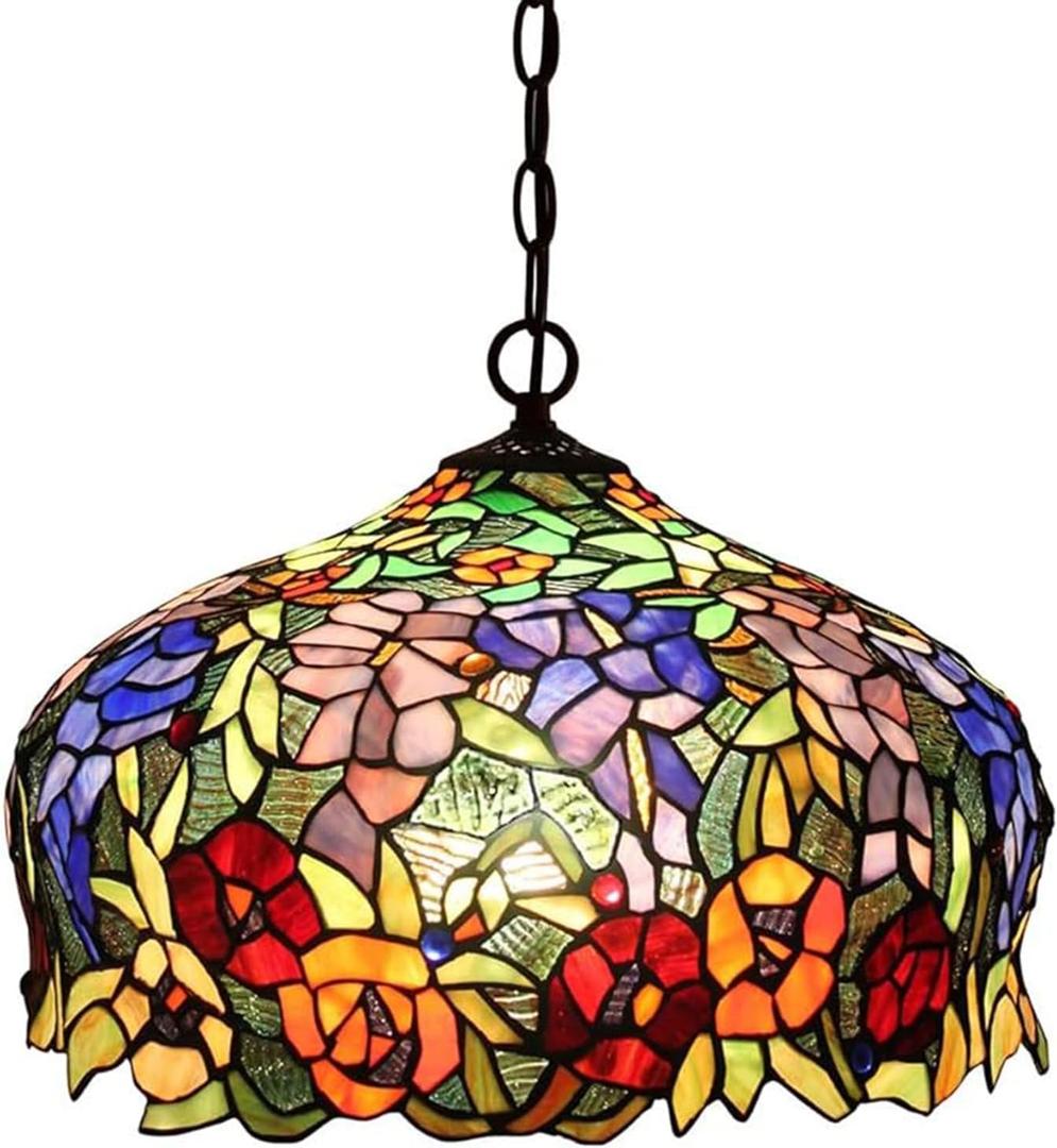 FUMAT Tiffany Pendant Light Rose Flower Stained Glass Hanglamp 16 Inch Wide Shade Chandelier Hanging Lights Fixture 110V Ceiling Pendant Lamp 2PCS LED Bulb Included