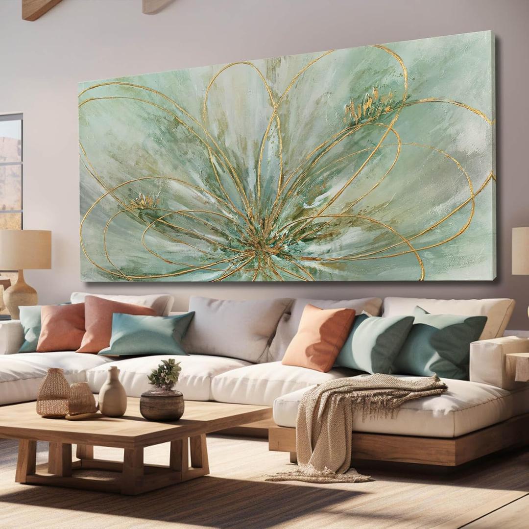 YJYart Abstract Wall Art Green and Gold Hand Painted Oil Painting Blossom Botanical Large Picture for Living Room Bedroom Kitchen Office, 58"L x 29"W, Green