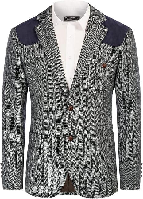 PJ PAUL JONES Mens Herringbone Blazer Vintage Tweed Wool Blend Sport Coat Jacket, Black, XL