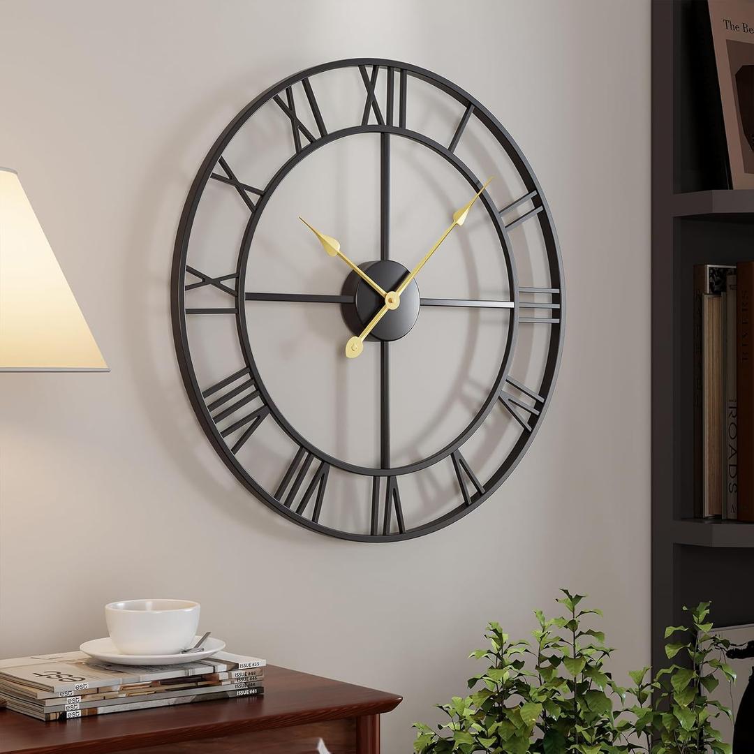 Cuspin 24 Inch Wall Clock Black, Large Decorative Wall Clocks for Living Room, Modern Metal Round Clocks Battery-Operated Completely Silent Non Ticking Roman Number,Black Roman Number, 24 Inch