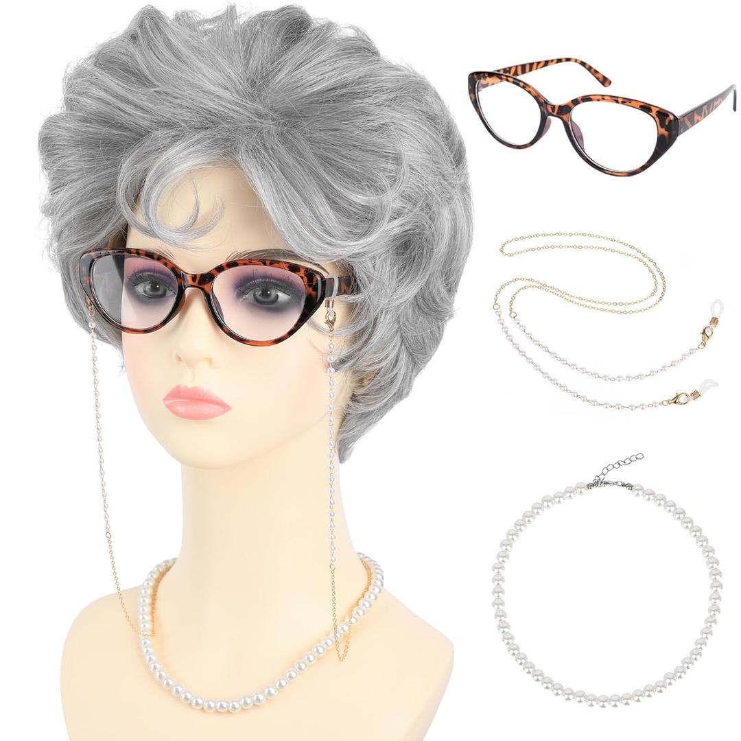 Gray Old Lady Costume Wig for Women with Glasses Chain Necklace - Short Curly Grey Grandma Wigs for Older Women Granny Outfit - Perfect for 100th Day of School Costume and Parties (Grey)