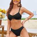 ZAFUL Women's Ribbed Underwire Bikini Set High Cut Colorblock V Notch Swimwear Printed High Leg Swimsuit (Black)