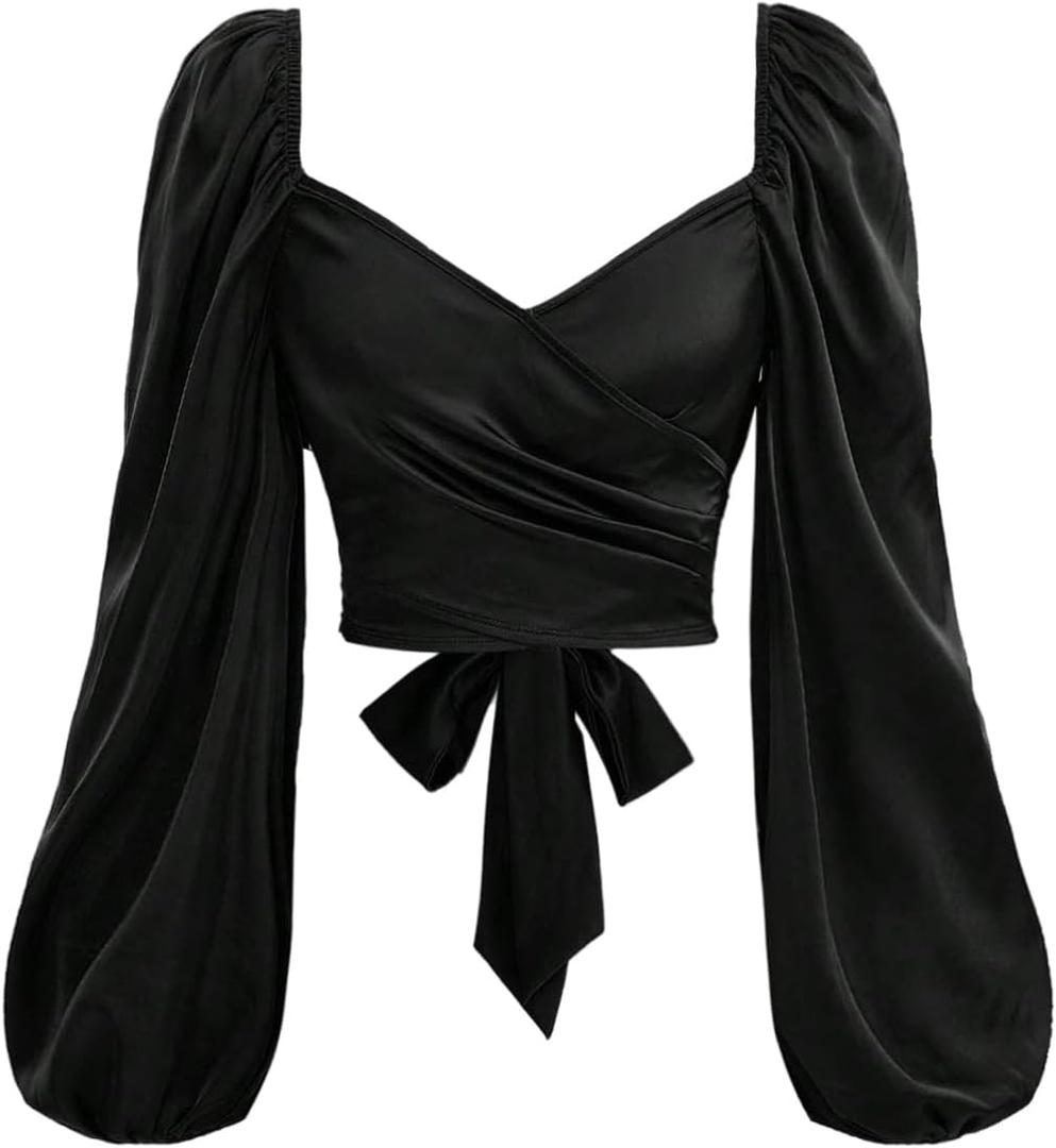 SOLY HUX Women's Lantern Long Sleeve Wrap Ruched Bow Tie Blouse Sweetheart Neck Satin Going Out Crop Tops (Medium, Plain Black)