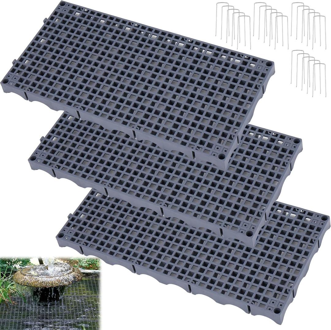 3-Pack Fountain Basin Grates, 24 x 12 Inch Heavy Duty Water Grid with Ground Pillars, Grey Landscape Grating for Raised Beds, Ponds, Water Features & Landscaping (Grid Style)