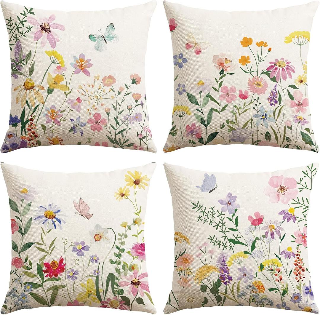 Artscope Spring Summer Floral Throw Pillow Covers 20x20 Inch Set of 4, Farmhouse Flower Butterfly Pattern Spring Decoration Pillow Cases for Sofa Bed Room Home Decor