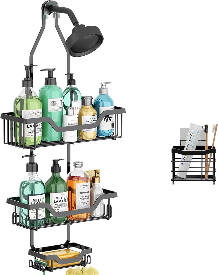 Hanging Shower Caddy Over Shower Head for Shampoo, Bathroom Organizer with 12 Hooks for Towels, Sponge, Razor, Rustproof Shower Storage Shelf Racks, 1 Soap Holder 1 Toothpaste Holder - Black 3-Tier