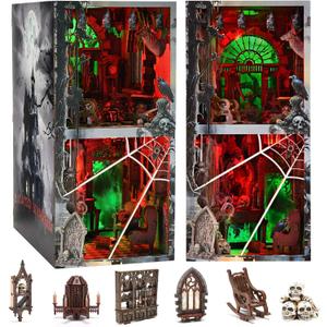 fifijoy Haunted Horror Book Nook Kit, DIY Miniature Dollhouse Halloween Booknook Kit, Spooky Creepy Scary 3D Wooden Puzzle Bookend Bookshelf Insert Decor with LED Light (Haunted Mansion)
