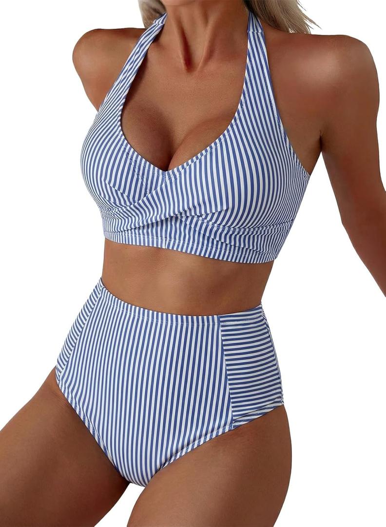 Herseas Women's High Waisted 2 Piece Bikini Sets Halter Patch Pocket Swimsuits Striped Bathing Suit Beach Swimwear 2026 (Blue, M)