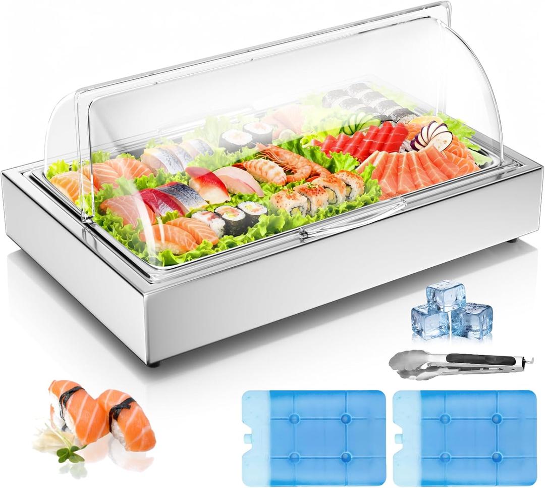 Ice Food Serving Display Tray with Clear Roll Top Cover, 1 x 1 Pan Stainless Steel Cold Food Buffet Condiment Dispenser Display Rack with 1 Clip & 2 Ice Trays for Restaurant Hotel Kitchen Party