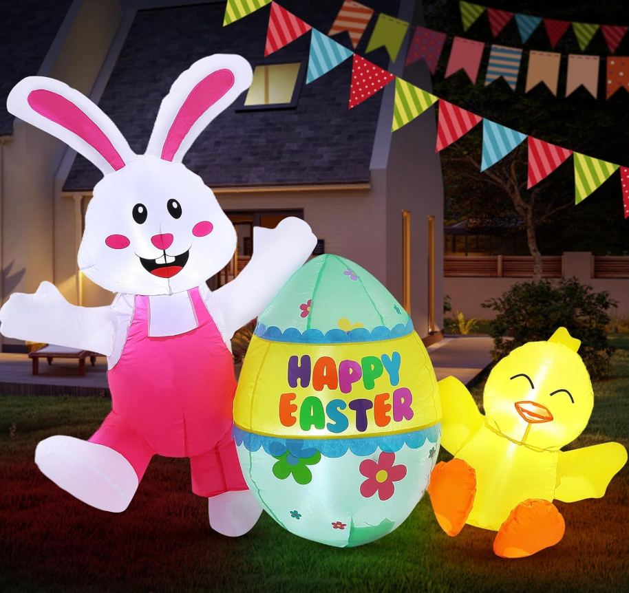 Elegear 5FT Easter Inflatables Bunny & Chick Outdoor Decoration, Lighted Easter Blow Up Yard Décor with Colorful Egg for Lawn, Garden, Holiday Party & Spring Display