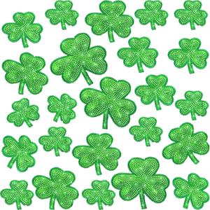 Daifunli 24 Pcs Shamrock Patches Iron on St Patricks Day Sequin Green Gold Pink Irish Clover Patches Bulk 4 Sizes Embroidered Appliques for Clothing Hat Bags Decorations(Classic)