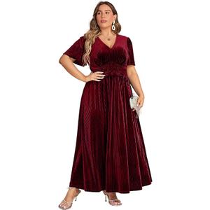 Simplee Women's V Neck Velvet Maxi Dress Short Sleeve Empire Waist Long Formal Dress for Wedding Guest, 1XL