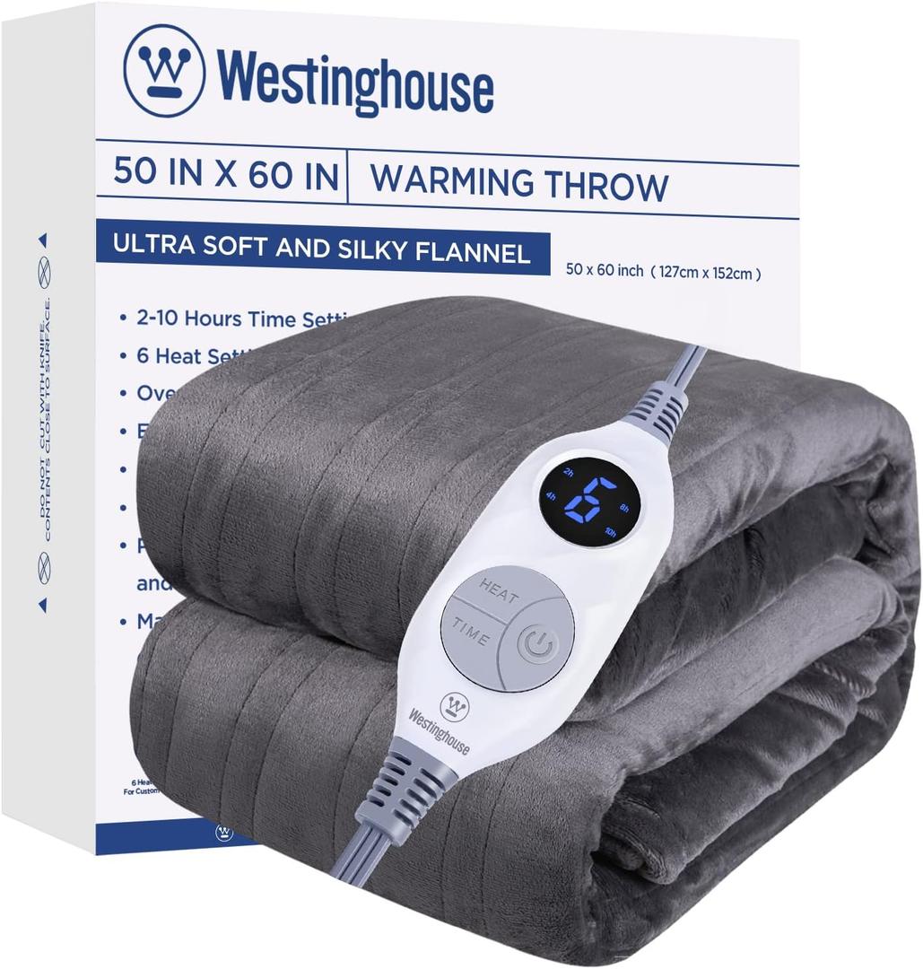 Westinghouse Electric Blanket Heated Throw, Super Cozy Soft Flannel 50" x 60" Heated Throw with 6 Fast Heating Levels & 2-10 Auto-Off, Machine Washable, ETL&FCC Certification, Home Office Use, Grey (Charcoal)
