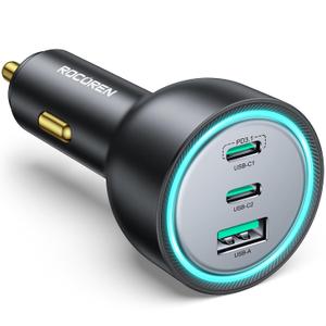 165W USB C Car Charger, Rocoren PD3.1 140W / PD3.0 100W Type C Car Charger, USBC Super Fast Charging, Cigarette Lighter Adapter for MacBook Pro, Laptops, iPhone 16/15/14, Samsung S25/S24 Ultra, iPad