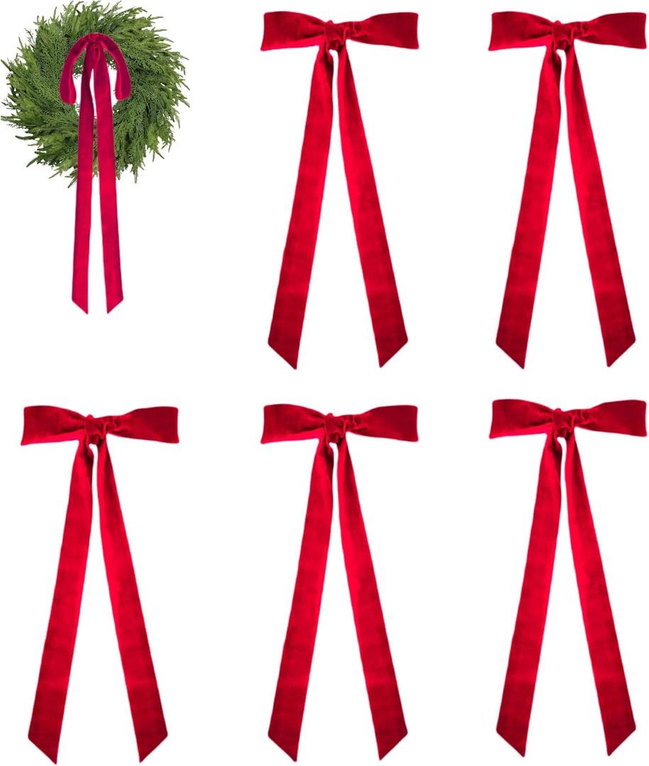 6 Pcs Extra Large 28x12 Inch Red Velvet Bows Vintage Christmas Tree Topper & Wreath Decor for Indoor/Outdoor, Heavy Duty Xmas Ornaments (Red,12 x 28 Inch)