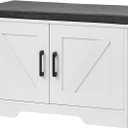HOMSHO 2-Tier Storage Bench, 27.6" Wide Shoe Bench with Padded Seat Cushion, Entryway Bench with 2 Barn Doors and Adjustable Shelf, White