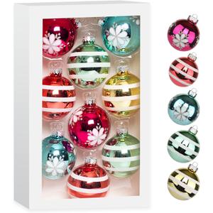 Amooca Christmas Colorful Glass Balls Decoration Festival Party Home Decors Holiday Xmas Tree Hanging Ornaments Set 9pc 2.65in Colorful Stripes & Flowers