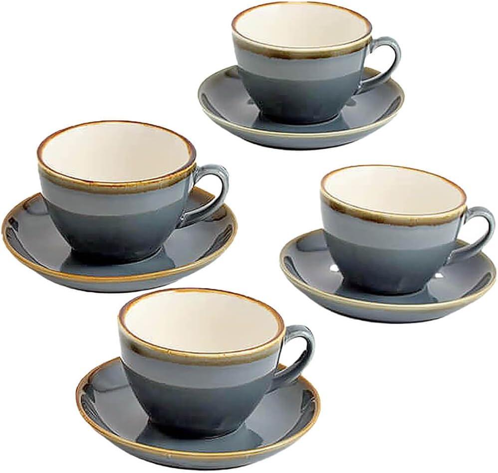 SHUER Ceramic Cappuccino Cup Set of 4, 11.2 OZ Cups and Saucers Set,Coffee Mocha Cup Sets,Black Coffee Cups and Glaze Americano Mug Great for Party and Low Tea Time (Blue 320ml)