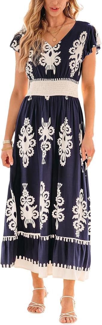 CUPSHE Women's Summer Midi Dress V Neck Ruffle Short Sleeve Smocked Waist Dress (Blue, M)