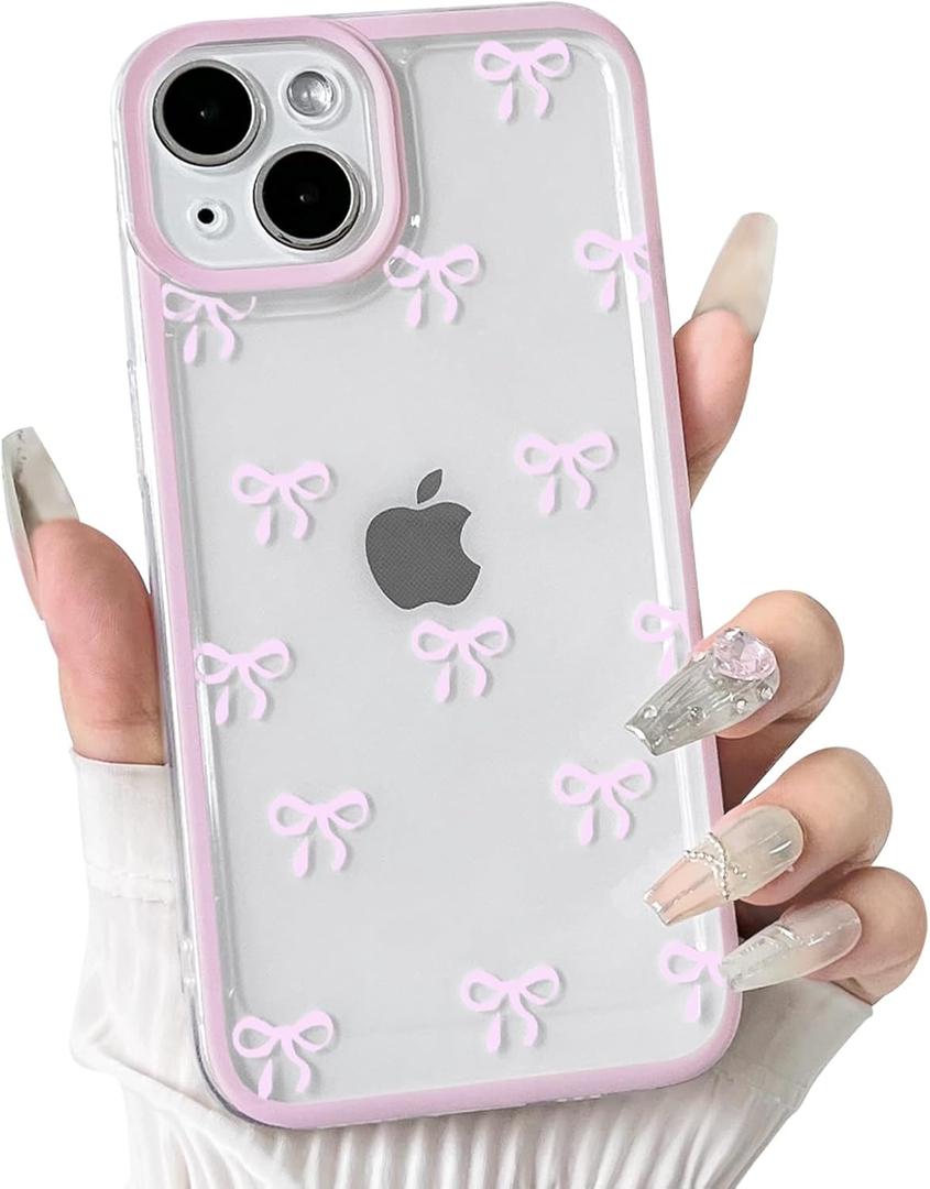 NITITOP Compatible with iPhone 13 Mini Case Cute Clear Durable Ribbon Bowknot Pattern for Girls Women Soft TPU Transparent Full Camera Lens Shockproof Protective Phone Cover - Pink