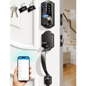 Veise VE07-H Fingerprint Smart Locks for Front Door with Handle Set, App Control, Keyless Entry Keypad Deadbolt, Digital Electronic Touchscreen, Easy Install, Auto Lock, Matte Black