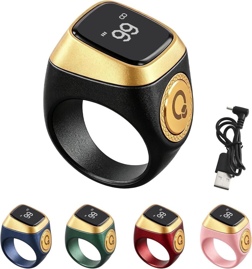 IQibla Smart Zikr Ring, Smart Ring Counter Waterproof Digital Counter & Vibration Reminder, Unisex Azan Alarm Clock Finger Counter for Muslims(18mm Black)