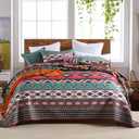 ENASAL Bedspread Quilt Sets Reversible Bedding Coverlet Sets Comforter Striped Red Brown Bohemian Bedspread,King Size