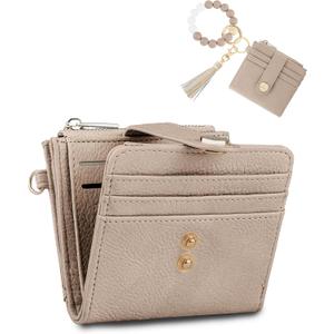 Small Wristlet Wallets for Women Keychain Wristlet Wallet RFID Blocking Key Chain Wallet With Zipper Coin Pocke,2 Id Window (Light Camel)