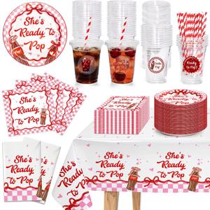 48 Sets Shes Ready to Pop Baby Shower Decorations, Retro Soda Decor include 16 oz Disposable Cups with Lid Straws Plates Napkins Tablecloths for Gender Reveal Pregnancy Newborn Party Supplies