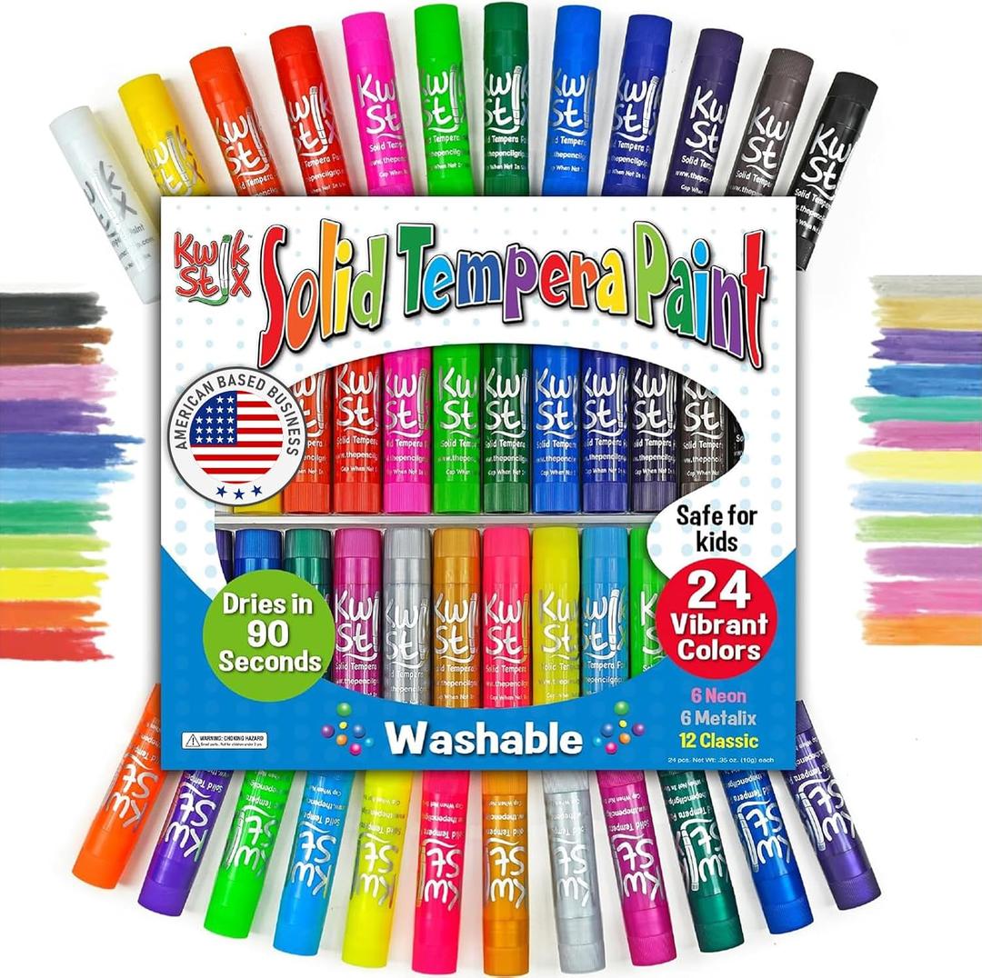 Kwik Stix Solid Tempera Paint Sticks, 24 Colors, Washable Paint Sticks for Kids, Non-Toxic, Quick Drying, Allergen Free, Comes in Classic, Metallic, & Neon Colors, Ideal for Kids and Toddlers (24 Count (Pack of 1))